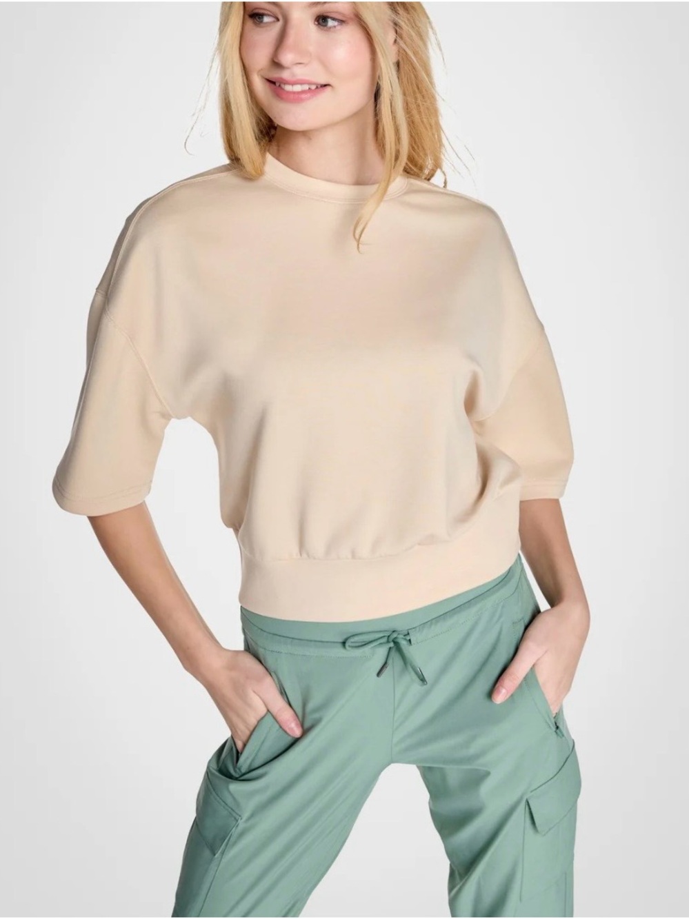 Kyodan Short Sleeve Relaxed Fit Crewneck Sweatshirt w/ Drop Shoulders in Cream